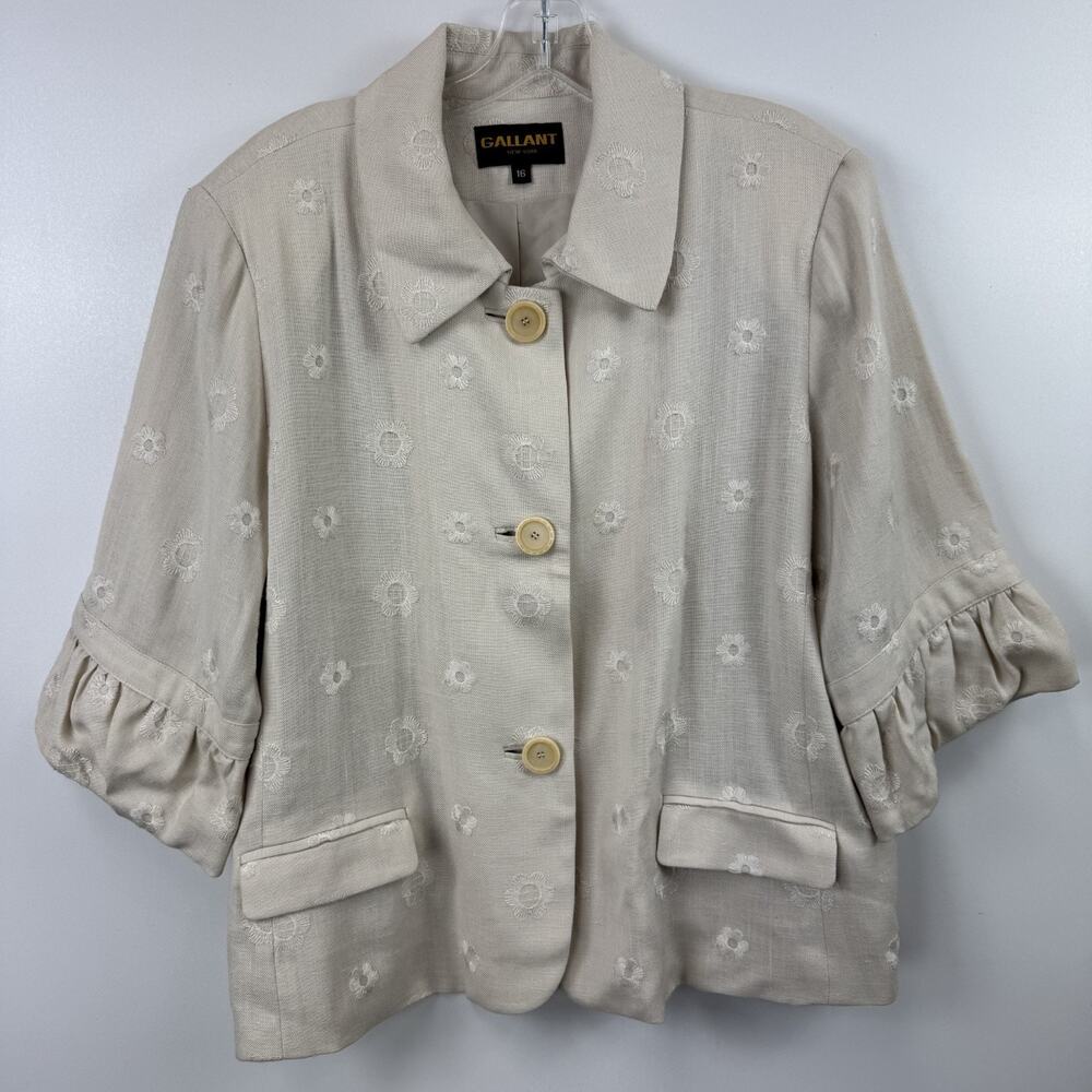 Vtg Gallant Silk New York Beige Lined Jacket Sweater Embroidered Flowers Size 16